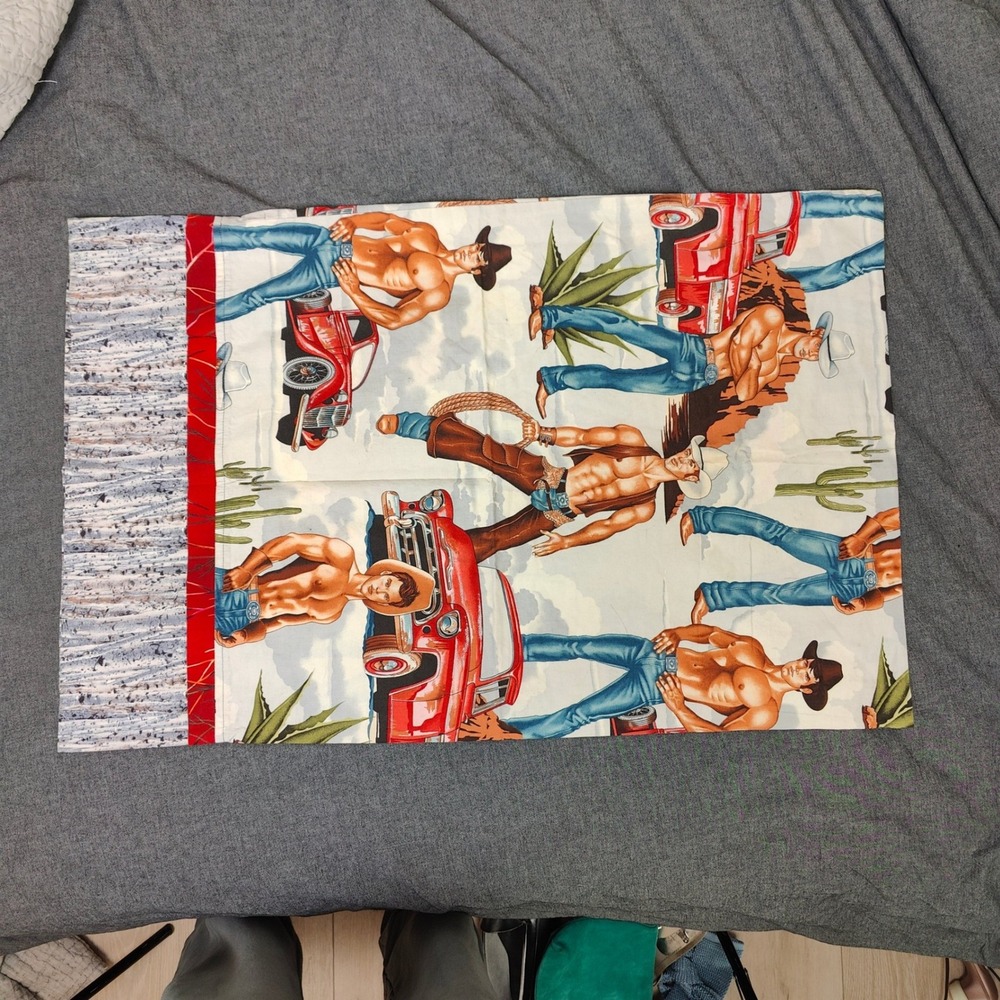 Unbranded Vintage Handmade Pillowcase Multicolor Cowboy Print Kitsch Beefcake - Picture 5 of 6